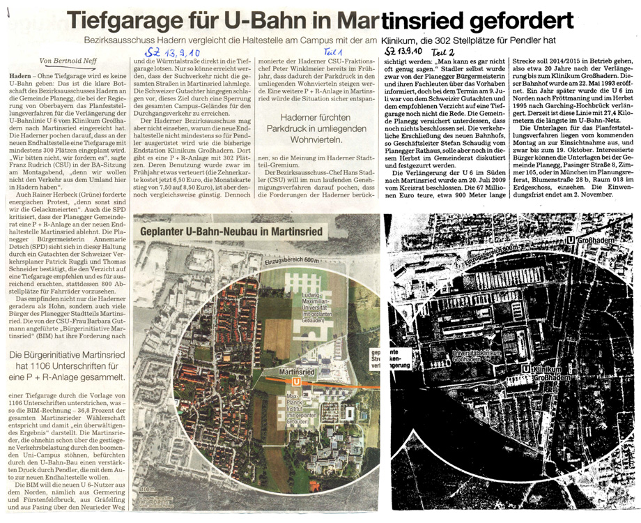 SZ Artikel "Tiefgarage für U-Bahn in Martinsried gefordert"