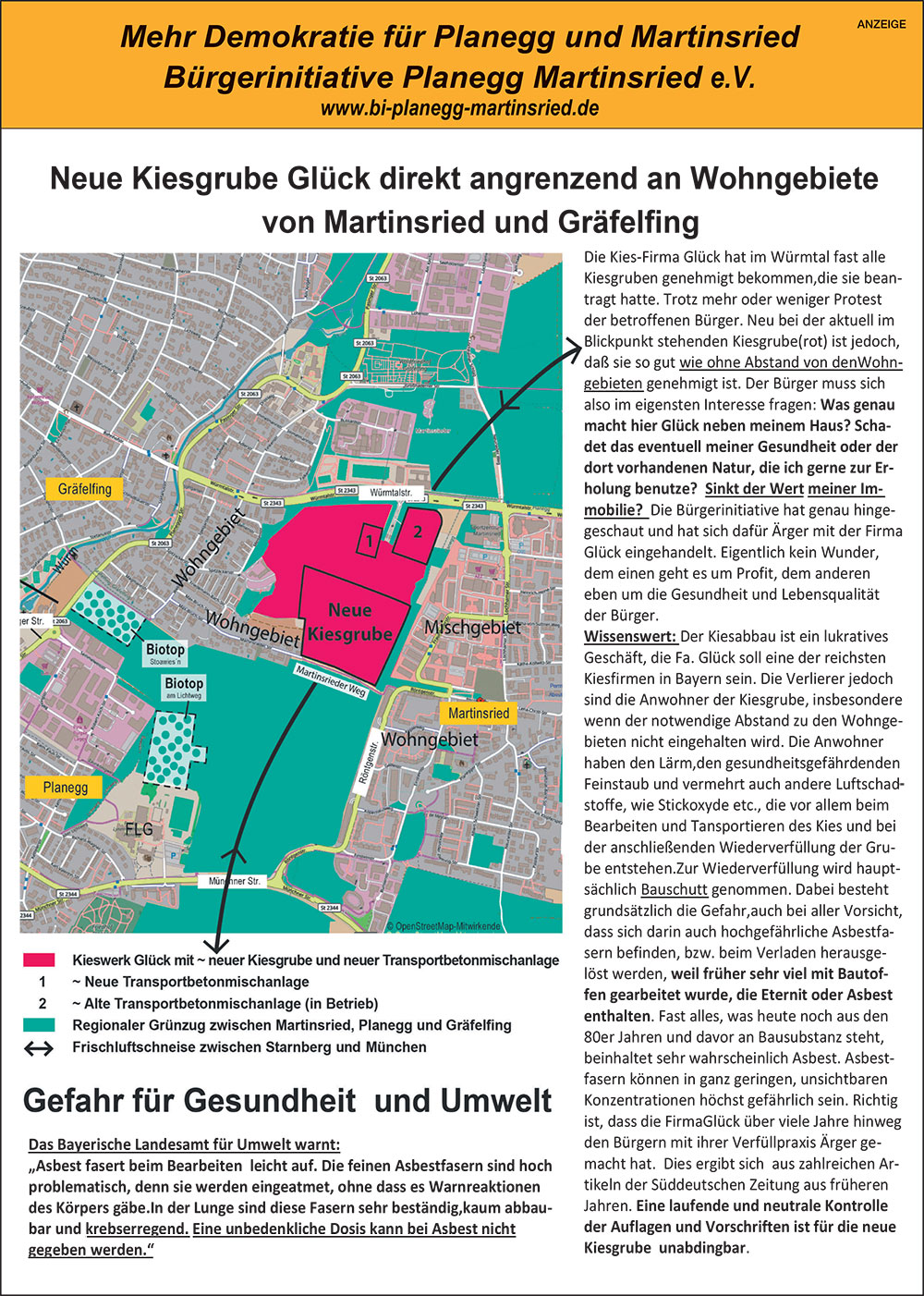 Kiesgrube Glück angrenzend an Wohngebiete