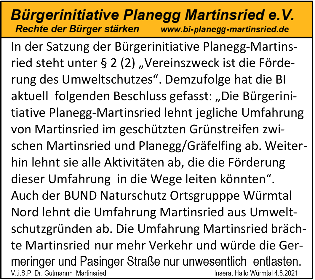 Keine Umfahrung Martinsried - Umweltschutz geht vor