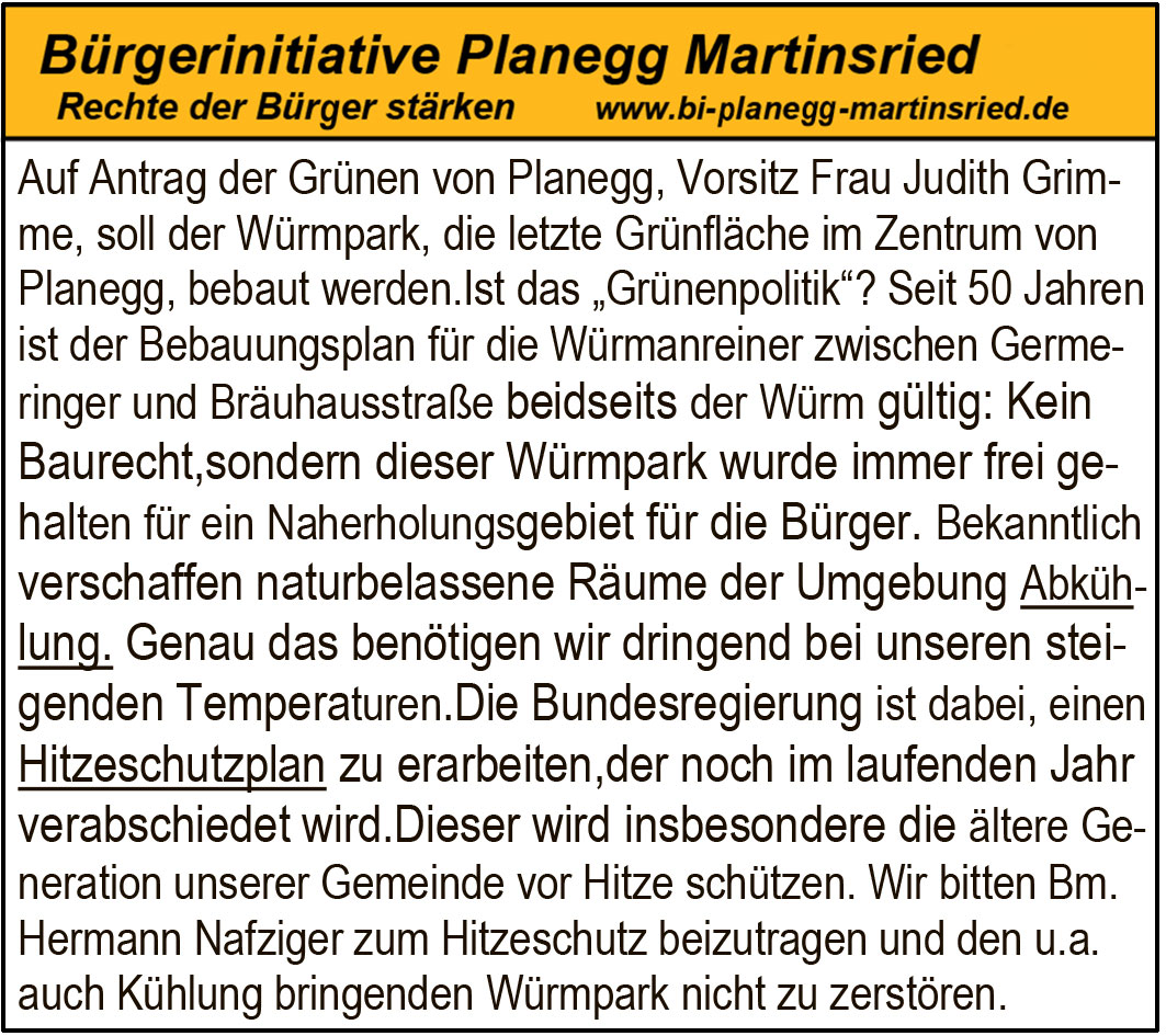 Würmpark: Grünen-Antrag setzt Umwelt und Erholung aufs Spiel
