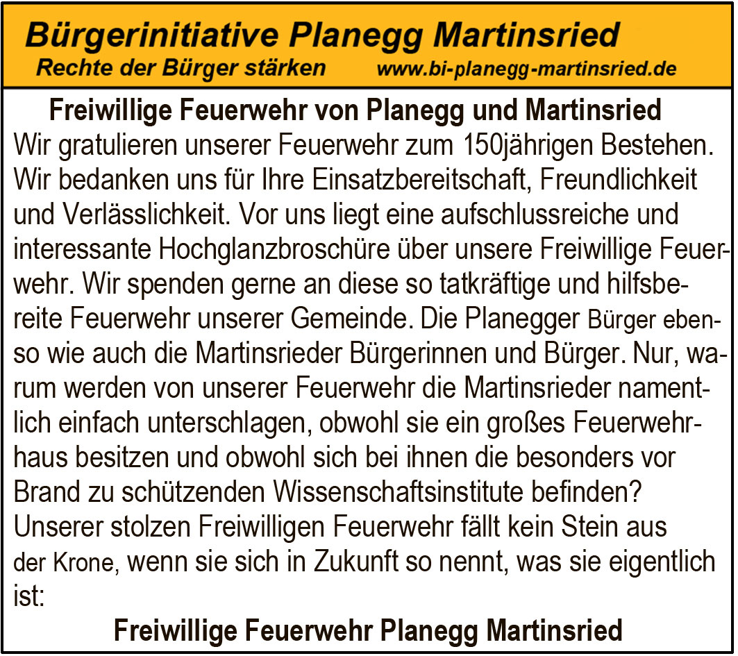 Freiwillige Feuerwehr Planegg ohne Martinsried?