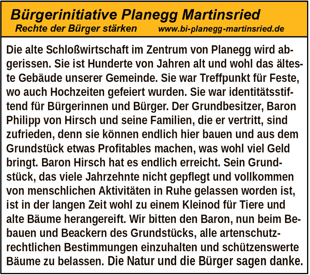 Appell an Baron Hirsch: 
Natur und schützenswerte Bäume auf Schlosswirtschaftsgrund erhalten 