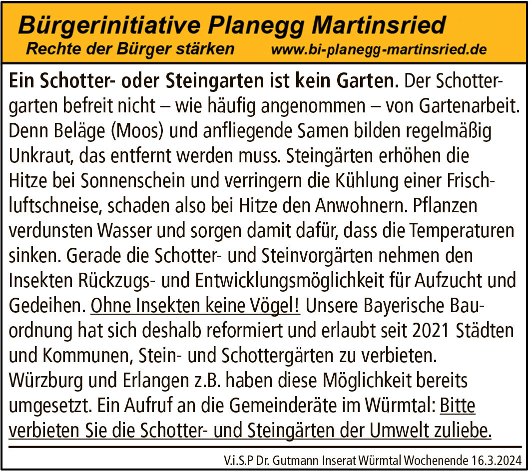 Aufruf an die Gemeinderäte Schotter- und Steingärten zu verbieten