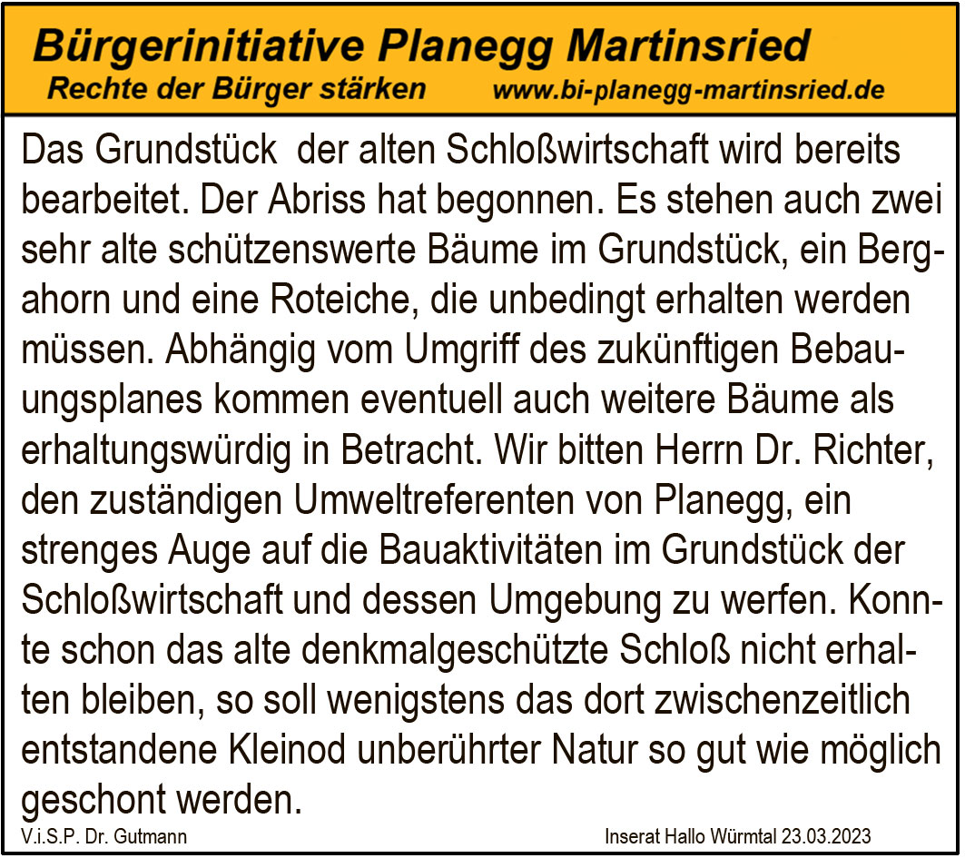 Schützenswerte Bäume und Natur beim Schlosswirtschaftsabriss