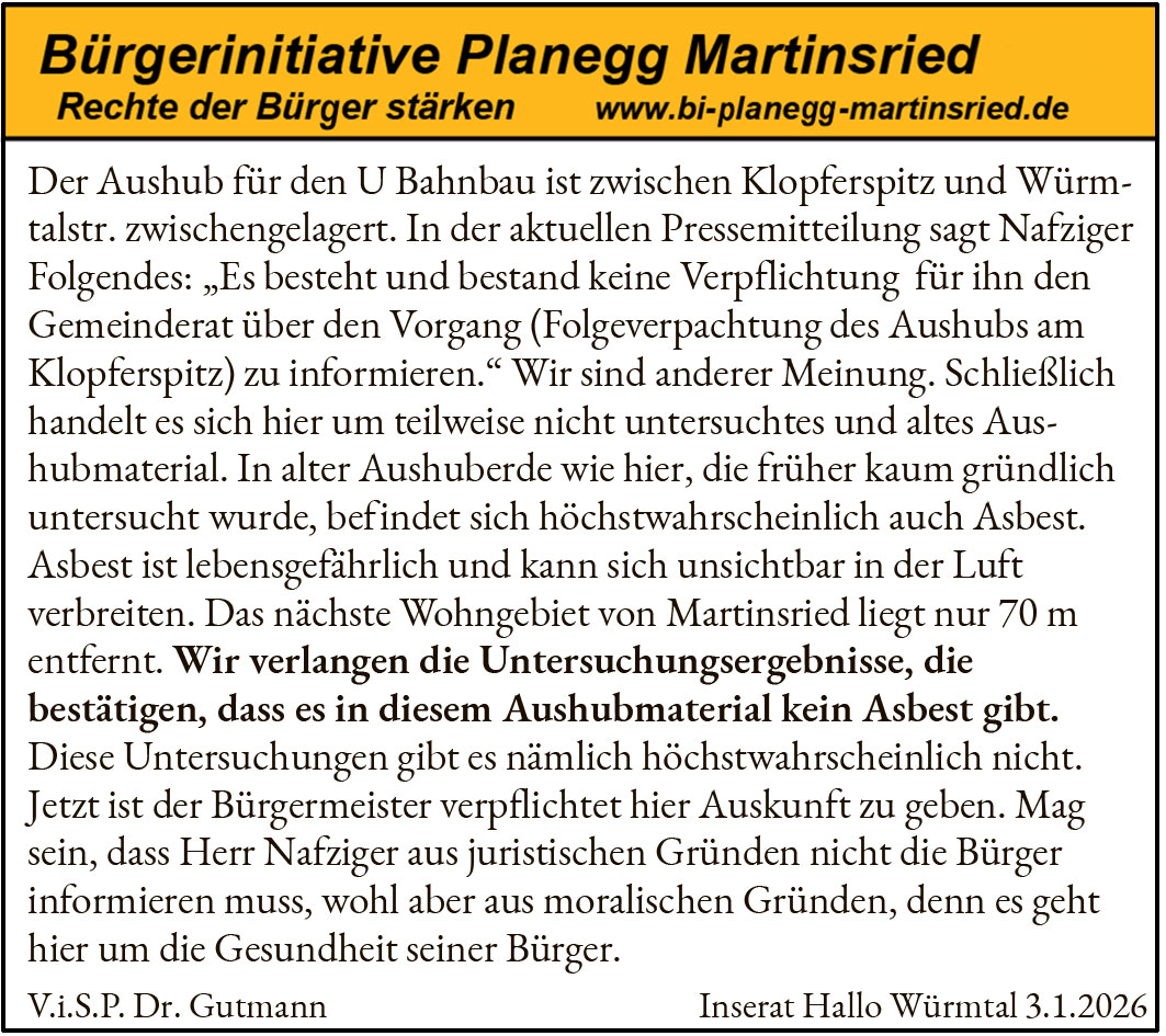 Frohe Weihnachten und ein gesundes Neues Jahr
Das wünschen wir allen, die uns im Kampf für die Umwelt im Würmtal unterstützt haben und wohl auch weiterhin unterstützen werden.
Das wünschen wir auch von Herzen allen Würmtaler Bürgermeistern und Gemeinderäten Es ist nun mal so: Nur gemeinsam sind wir stark.
Mit den besten Wünschen
Ihre Dr. Barbara Gutmann
