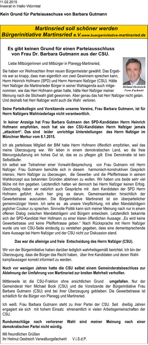 BIM Inserat Hallo Würmtal 21.01.2015