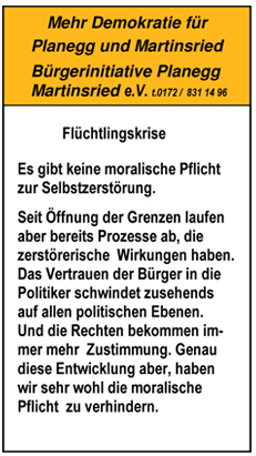 Flüchtlingskrise, Anzeige Hallo Würmtal 10.02.2016