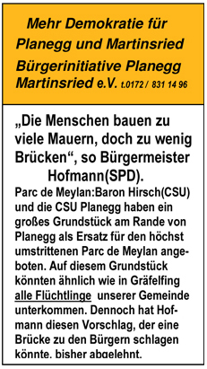 Bürgertreff ins Ortsmitte Martinsried, Inserat Hallo Würmtal 03.02.2016