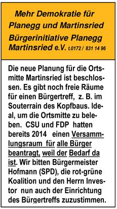 Bürgertreff ins Ortsmitte Martinsried, Inserat Hallo Würmtal 03.02.2016